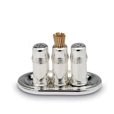 Salt, Pepper & Tootpick Holder On Tray Set Of 4 Silver Plated