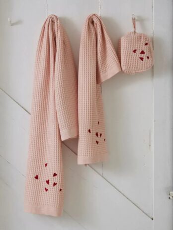 Bath Linen Set: Heart Embroidered Waffle Towels